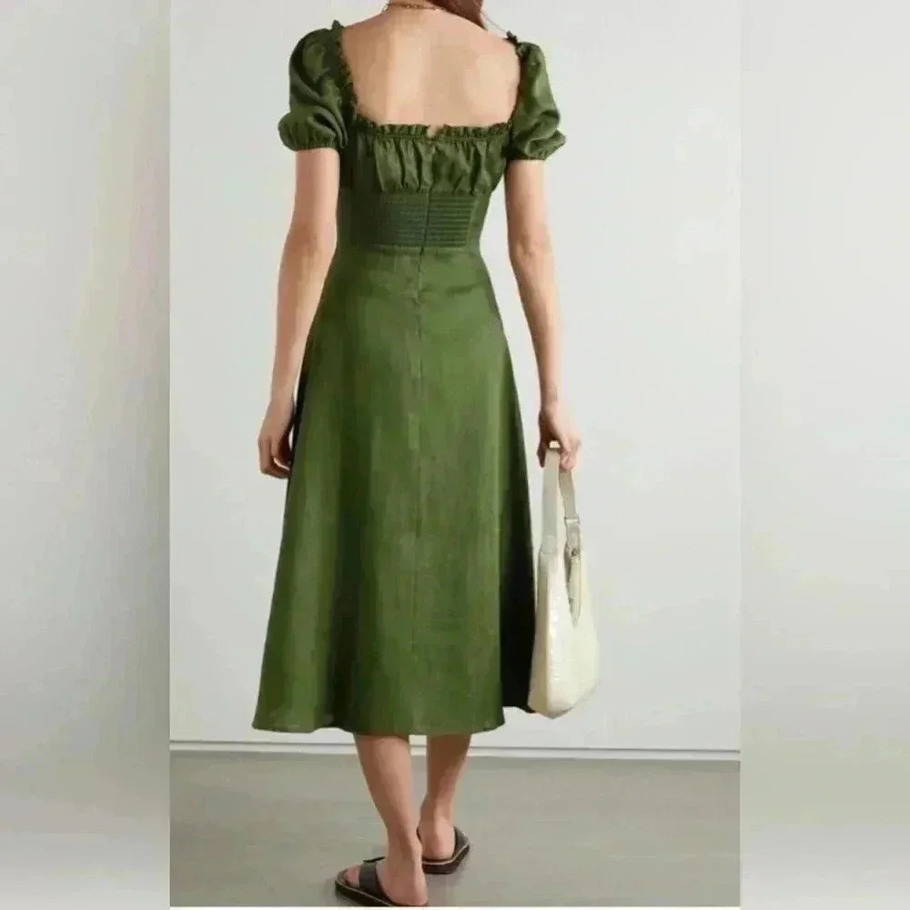 Reformation Jacqueline Linen Midi Dress 0 XS Puff Sleeve Square Neck Ruched Moss - Picture 5 of 10